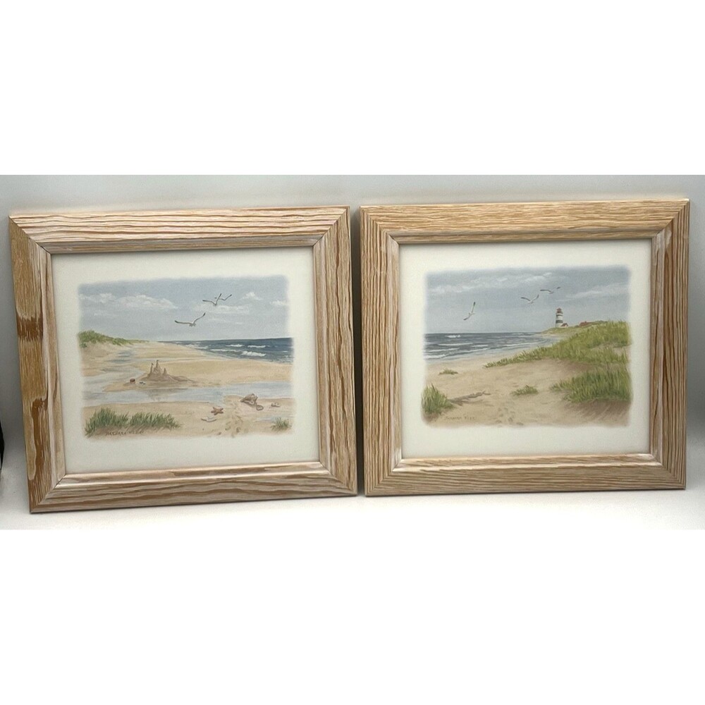 Pair Framed Art Prints Barbara Fleri Coastal Beach Sandcastle Lighthouse 10x9